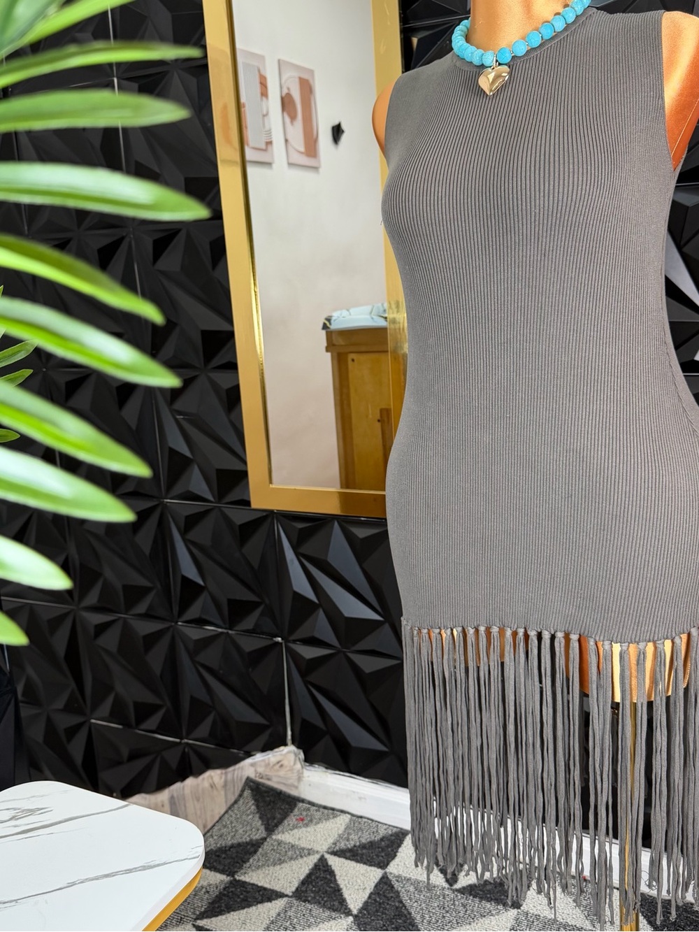 Sleeveless Ribbed Fringe Mini Dress in Gray